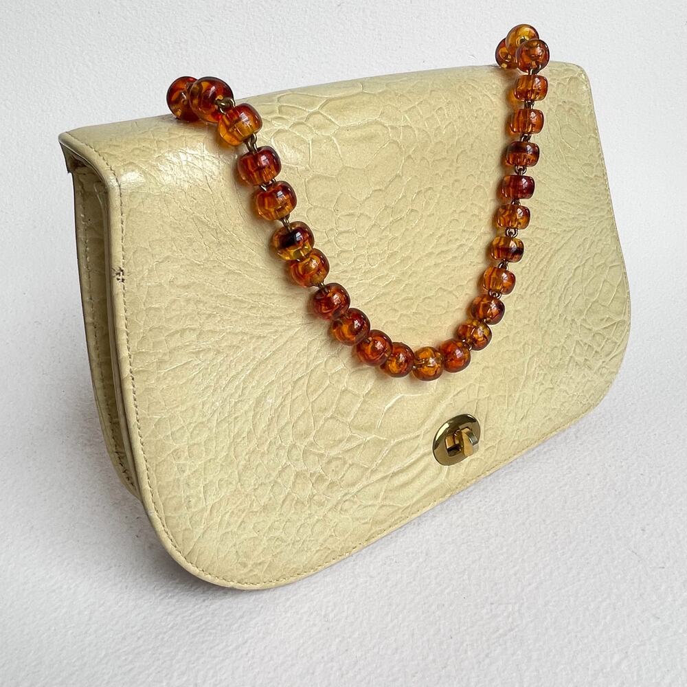 Vintage 60s Faux Croc Textured Leather Vinyl Hand Bag Beaded Handle Granny Core